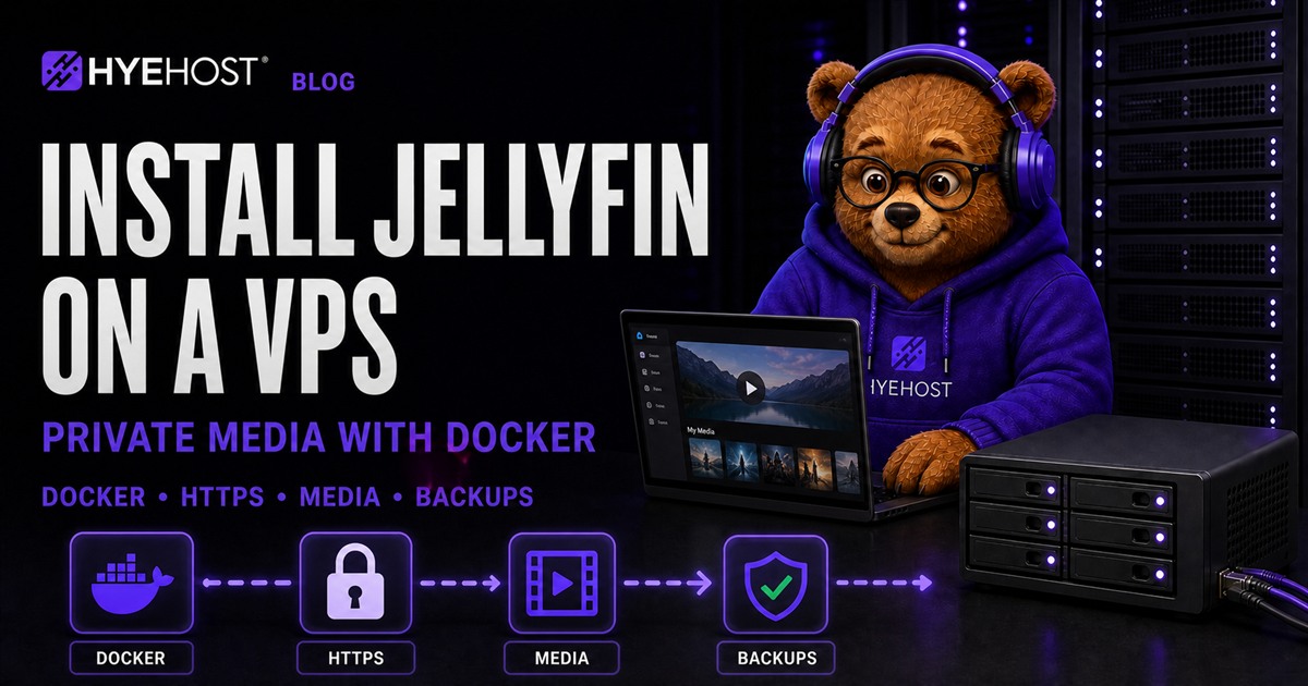 HYEHOST mascot deploying Jellyfin with Docker on a private VPS media server