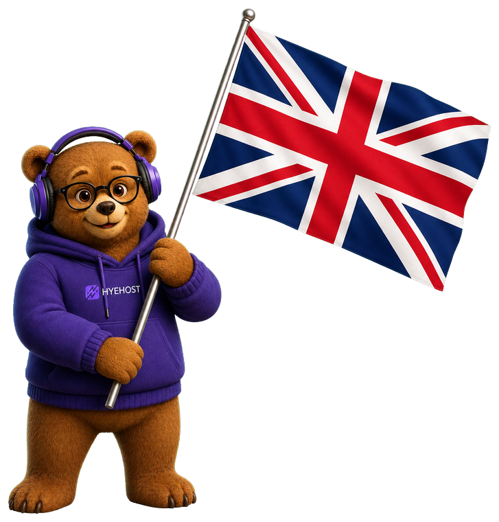 HYEHOST mascot holding an accurate United Kingdom flag