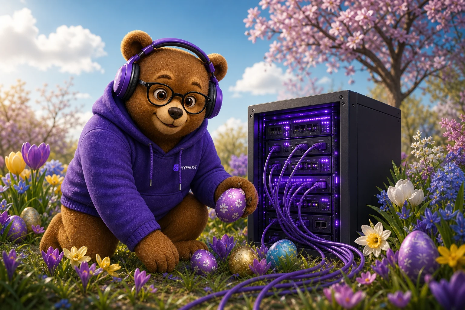 HYEHOST mascot with spring flowers, Easter eggs and a purple edge server