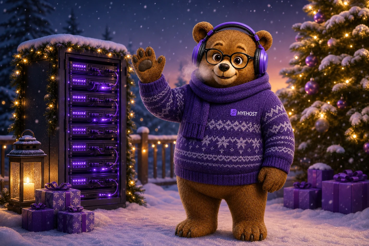 HYEHOST mascot in a snowy winter scene with purple servers and festive lights