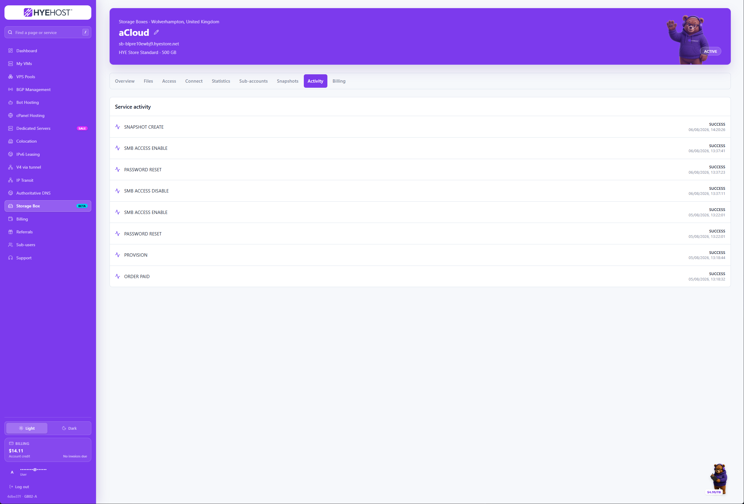 HYEHOST Storage Box service activity history